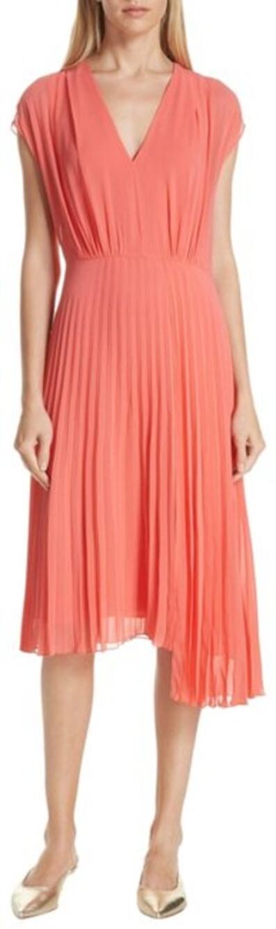 LEWIT Coral Pleated Chiffon Dress Women's 6 V-Neck High Low Asymmetrical